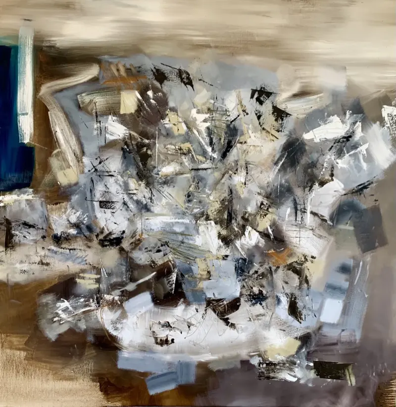 Abstrait 996, peinture blanche, noire, bleue et ocre